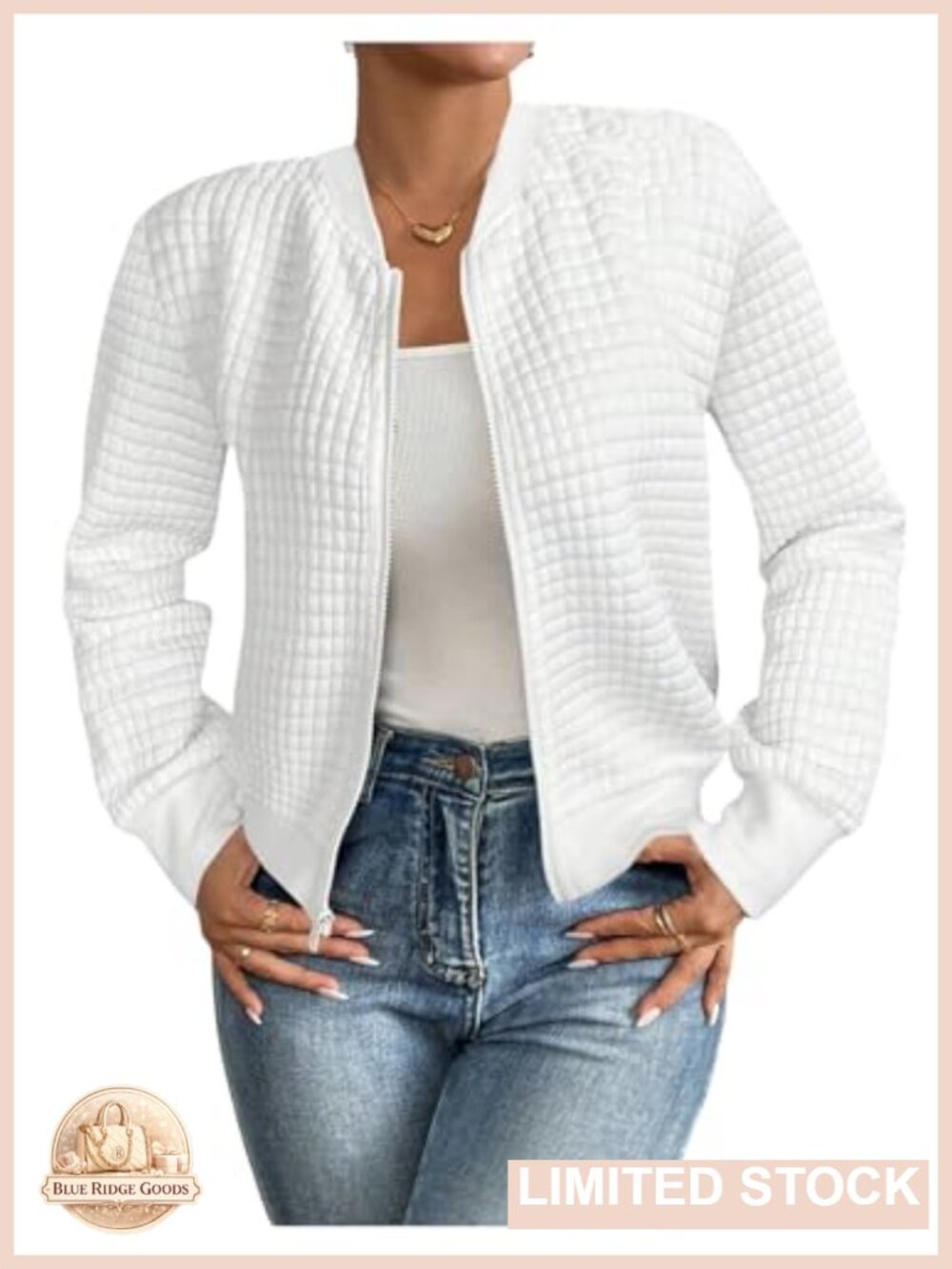 Lightweight Zip Up Bomber Jacket Long Sleeve Texture Knit Casual Outerwear